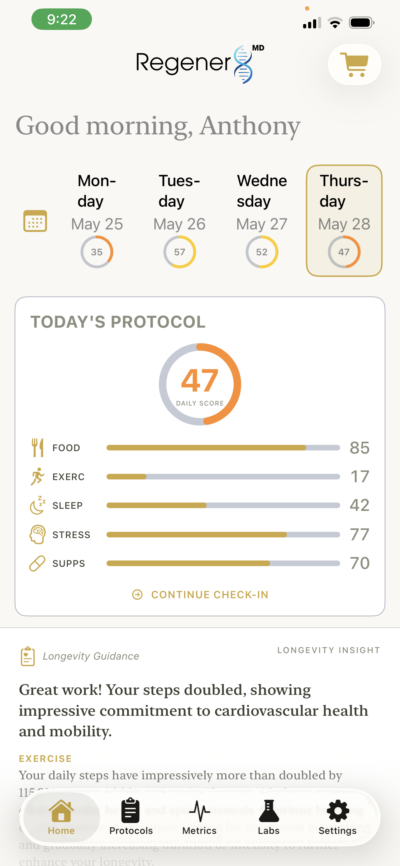 Regener8MD App - Daily Protocol Dashboard